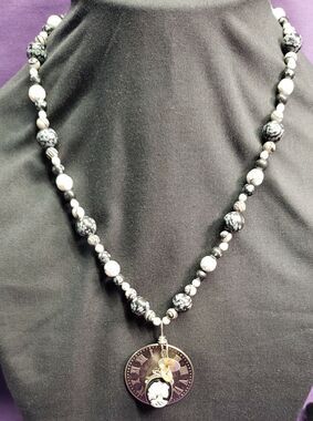 Steampunk Style Natural Stone, Skeleton Cameo, Roman Numeral Clock Disc Necklace